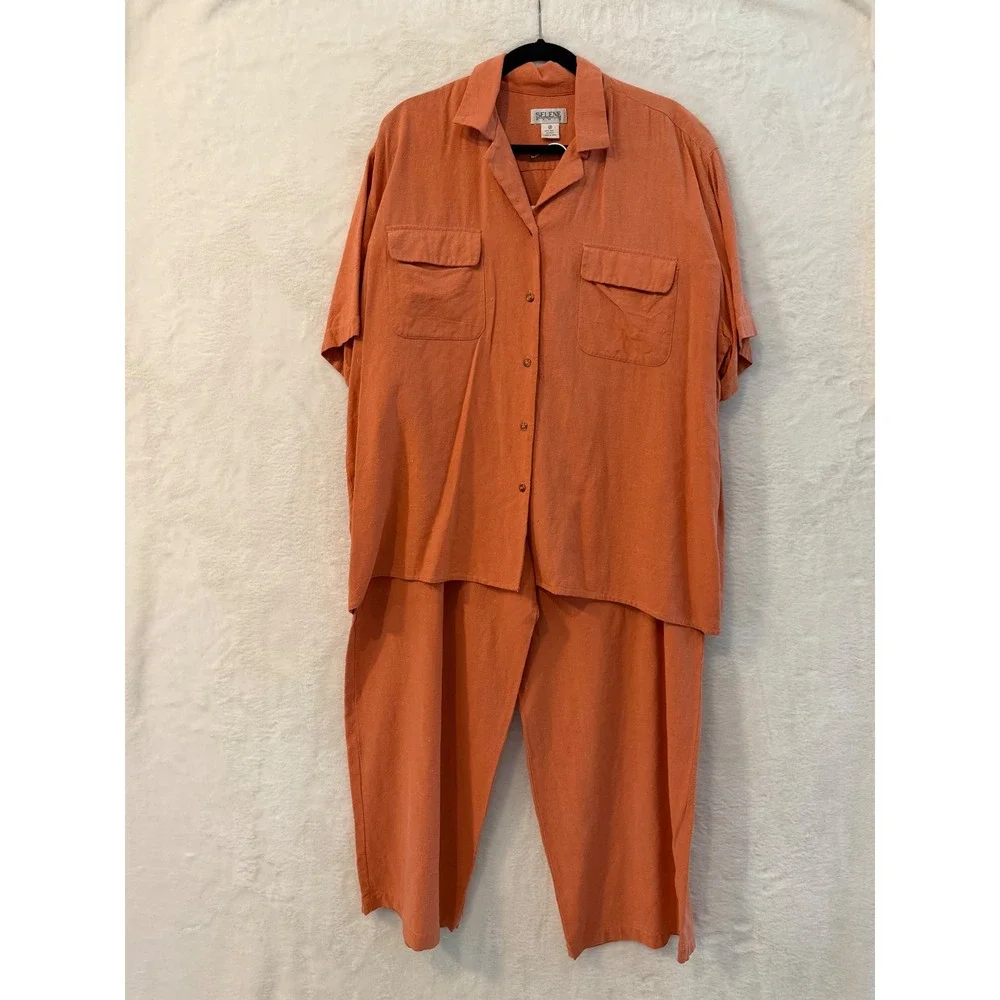 Selene Paris 100% Silk 2 Piece Set Womens 2X Coral Orange Shirt & Pants Suit